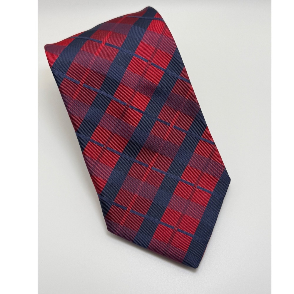 Breuer Plaid Silk Necktie One Size Red Navy Blue Preppy Classic Professional